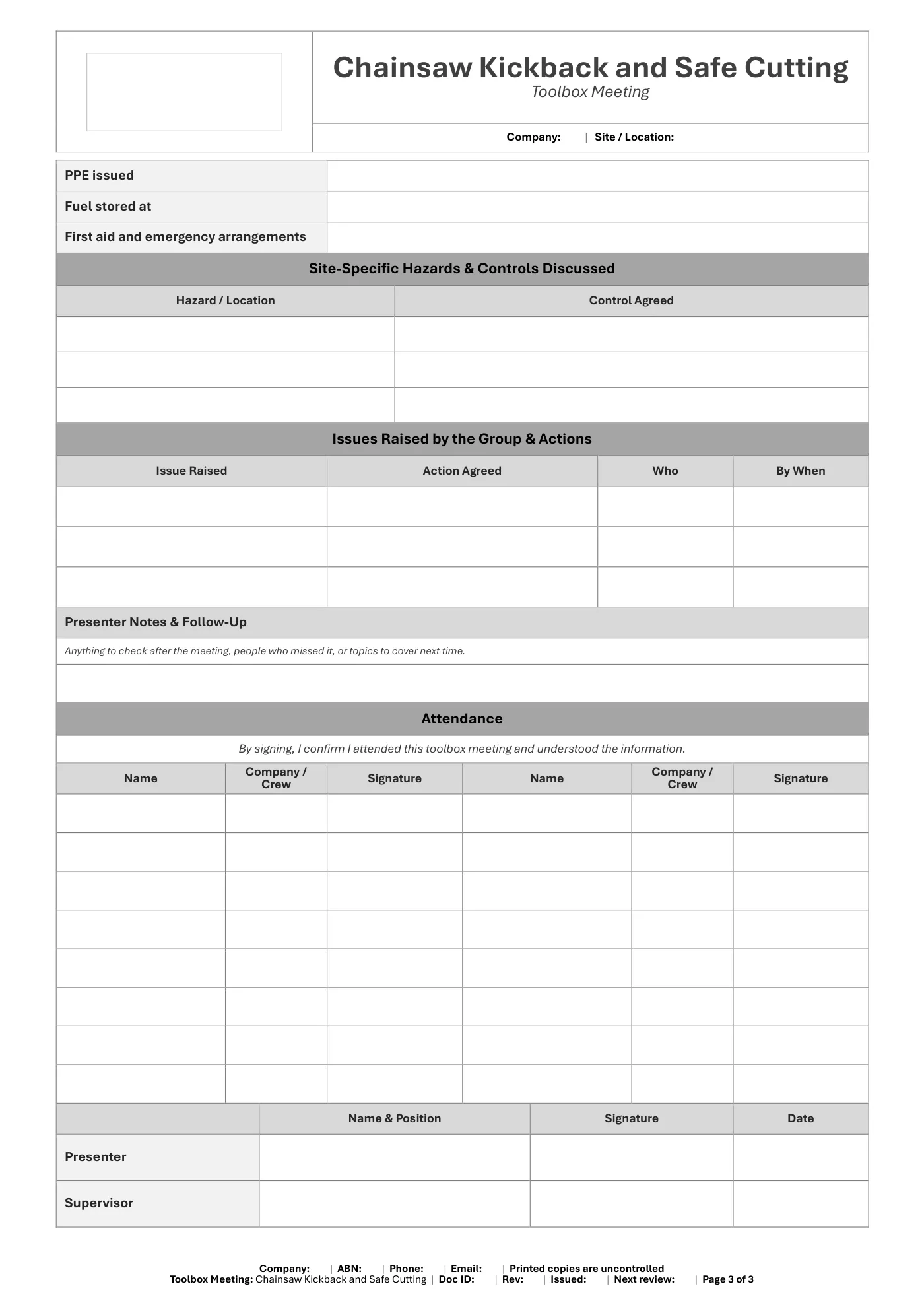 Chainsaw Kickback and Safe Cutting Toolbox Meeting Template: sample page 3