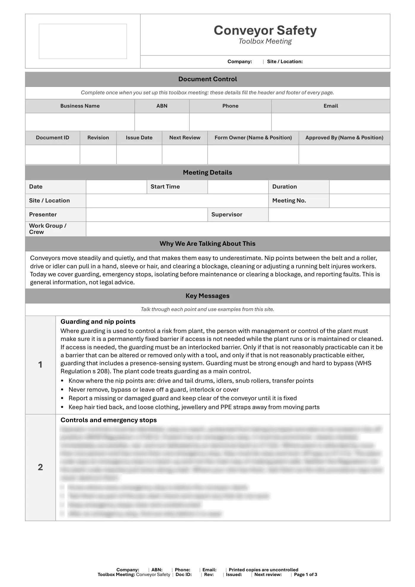 Conveyor Safety Toolbox Meeting Template: sample page 1