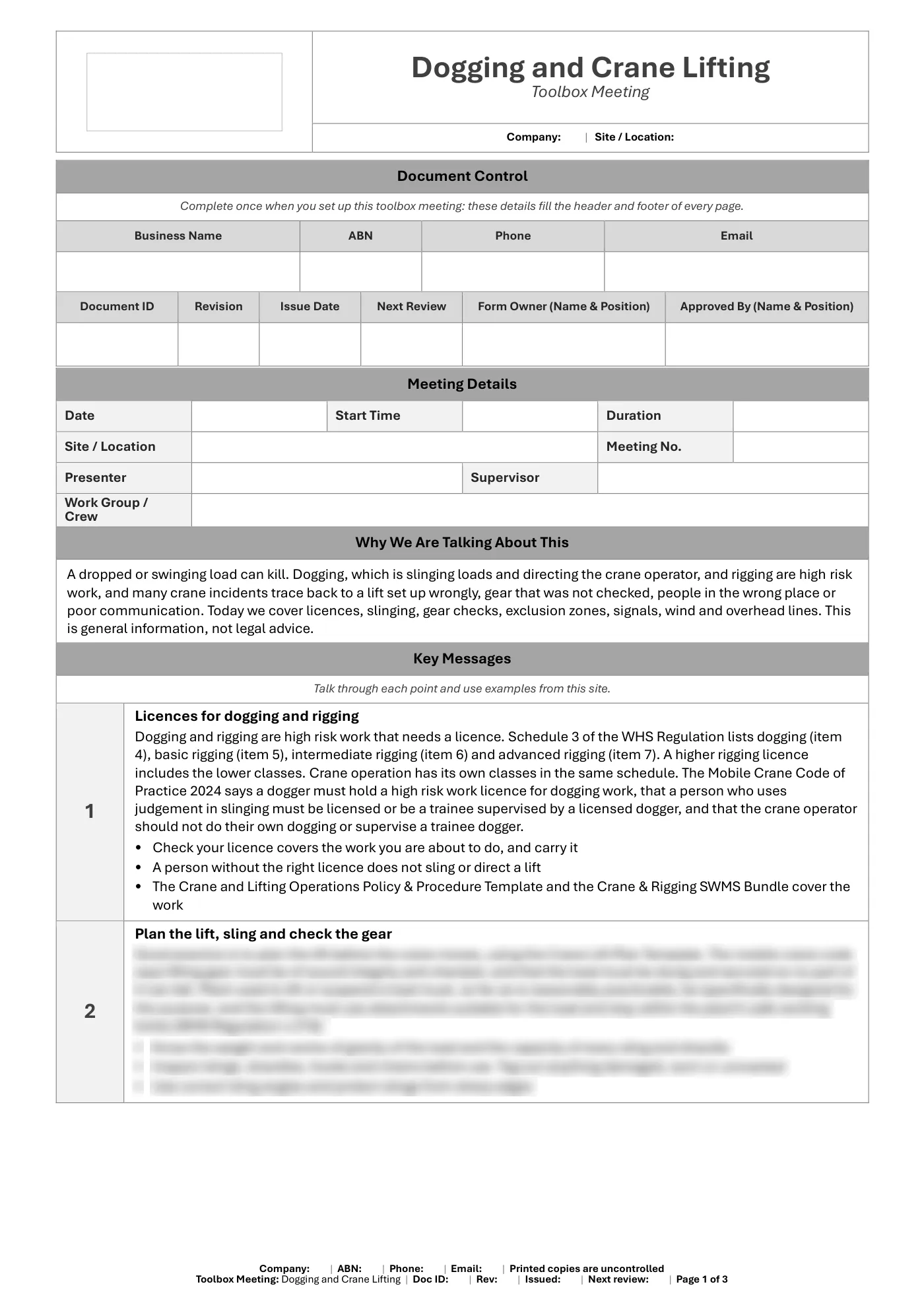 Dogging and Crane Lifting Toolbox Meeting Template: sample page 1
