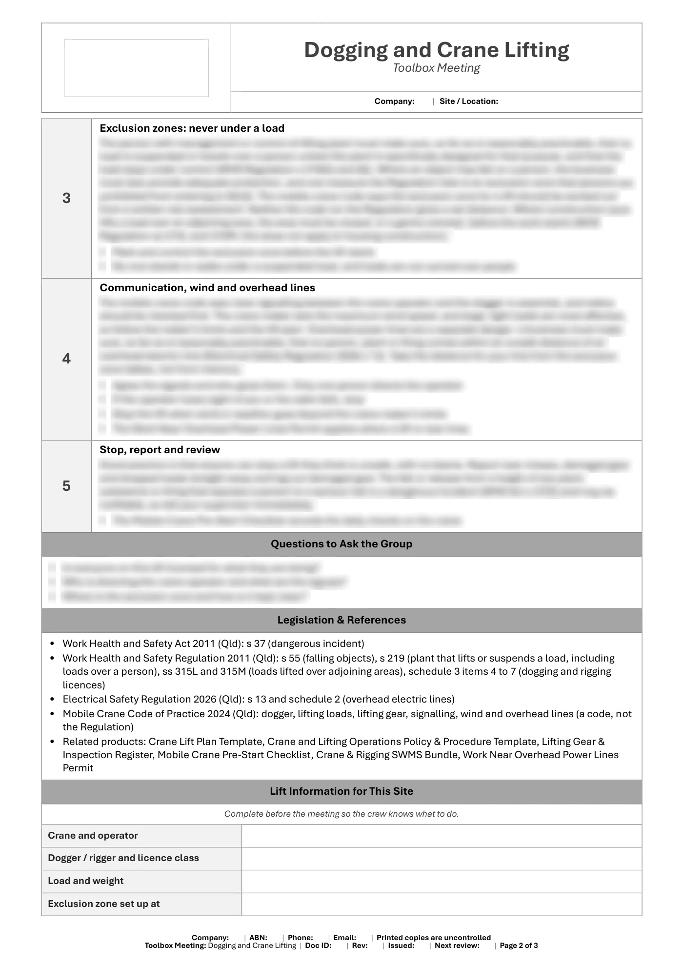 Dogging and Crane Lifting Toolbox Meeting Template: sample page 2