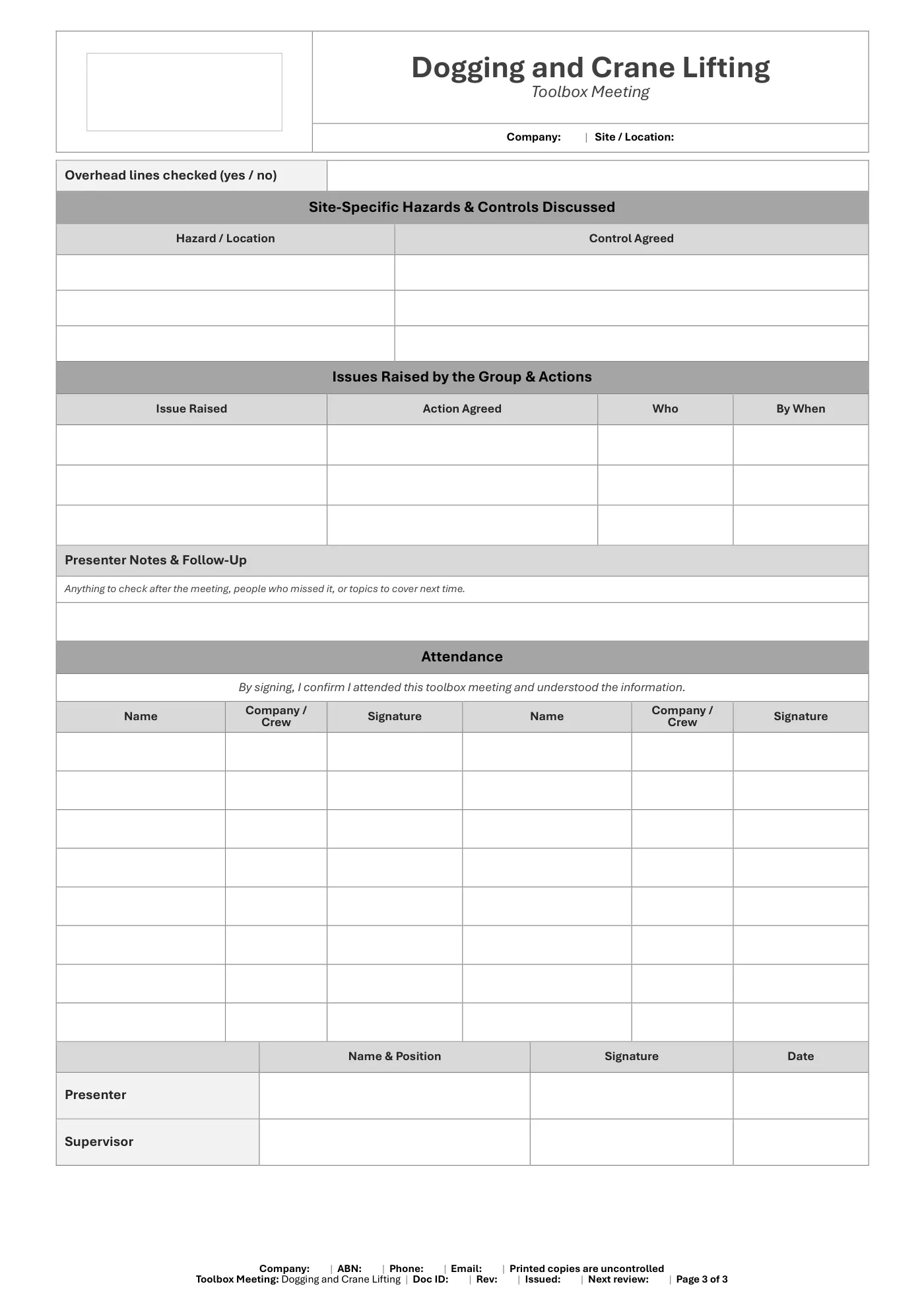 Dogging and Crane Lifting Toolbox Meeting Template: sample page 3