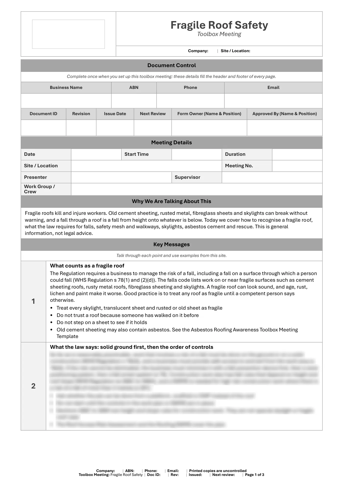 Fragile Roof Safety Toolbox Meeting Template: sample page 1