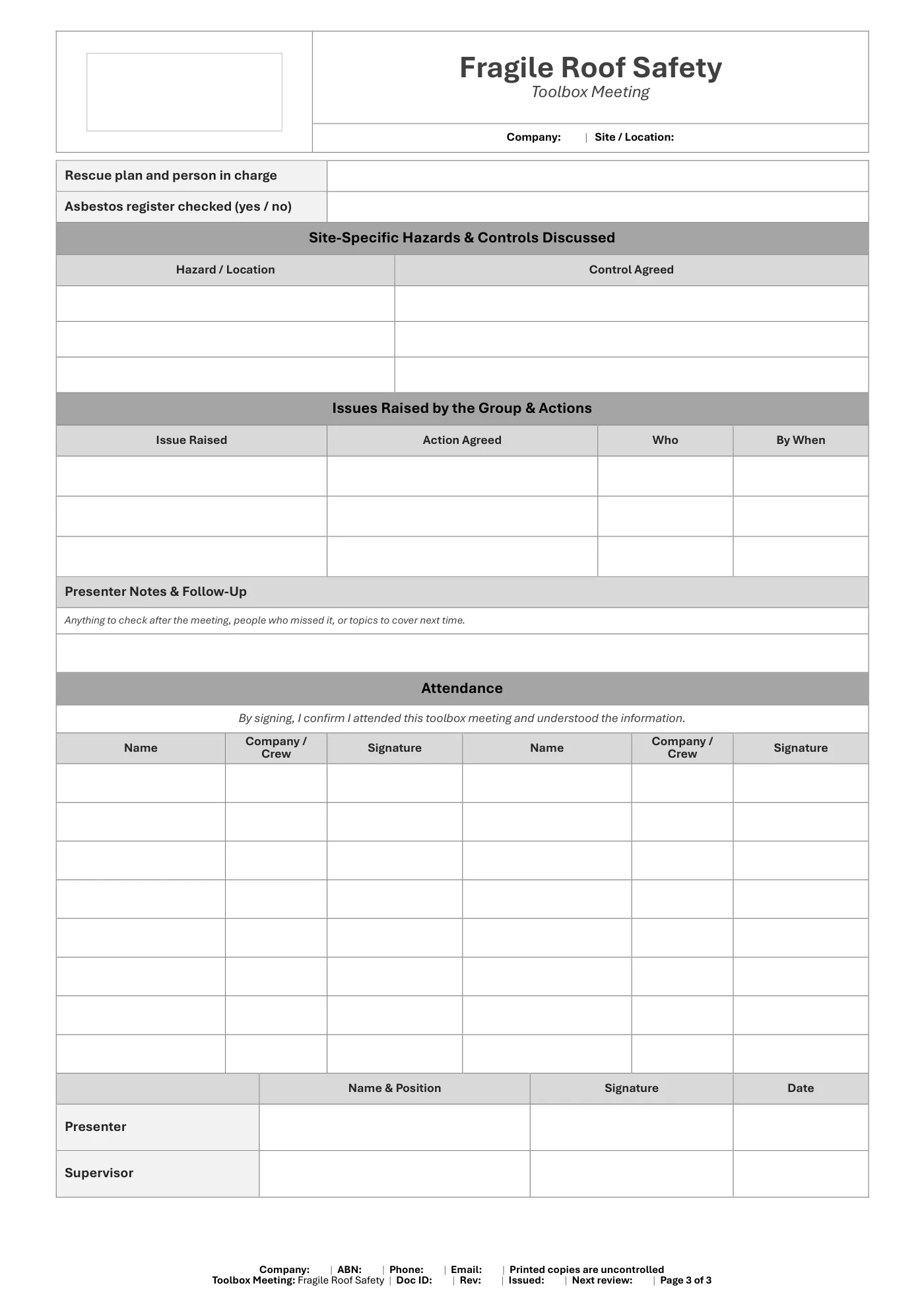 Fragile Roof Safety Toolbox Meeting Template: sample page 3