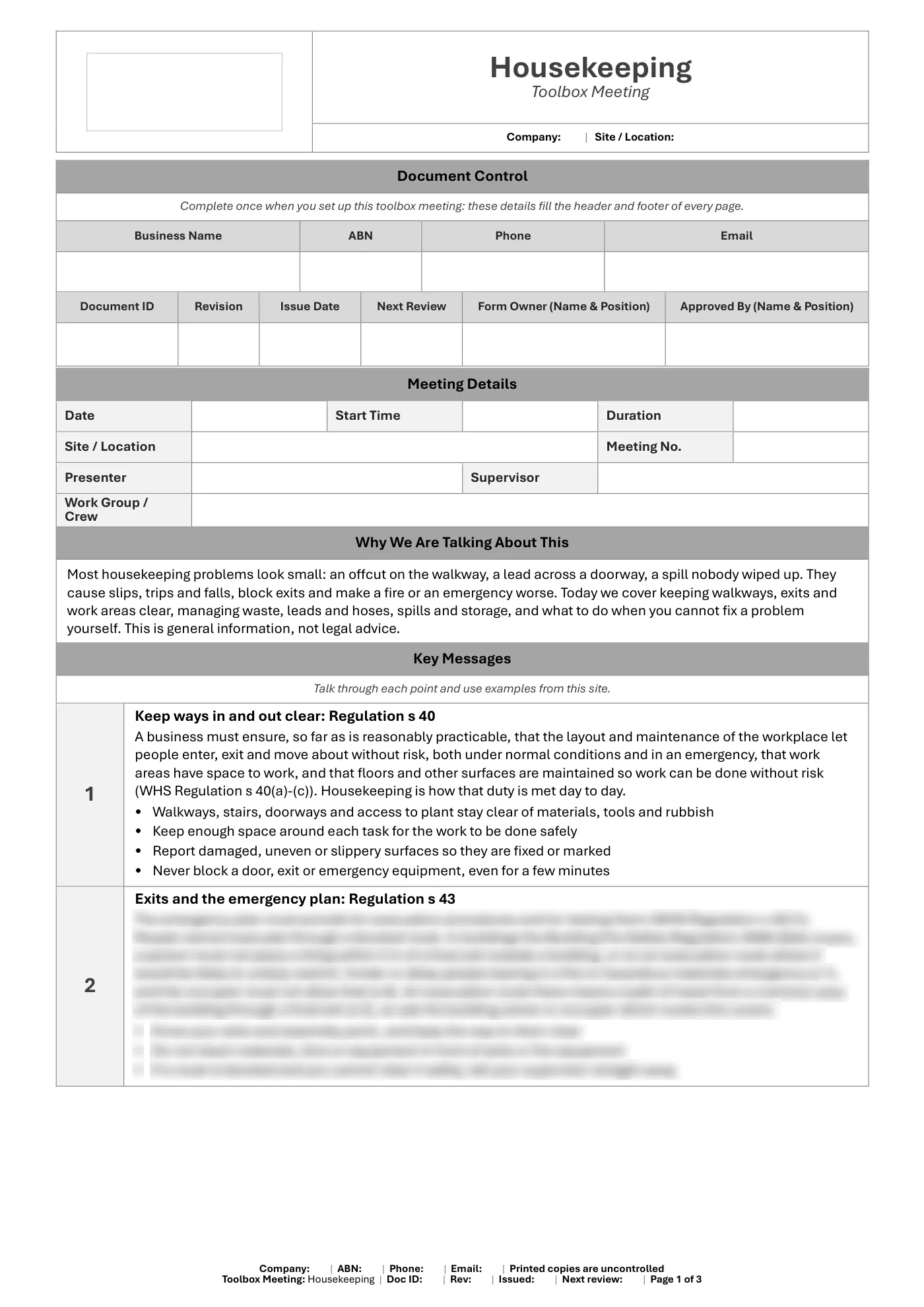 Housekeeping Toolbox Meeting Template: sample page 1