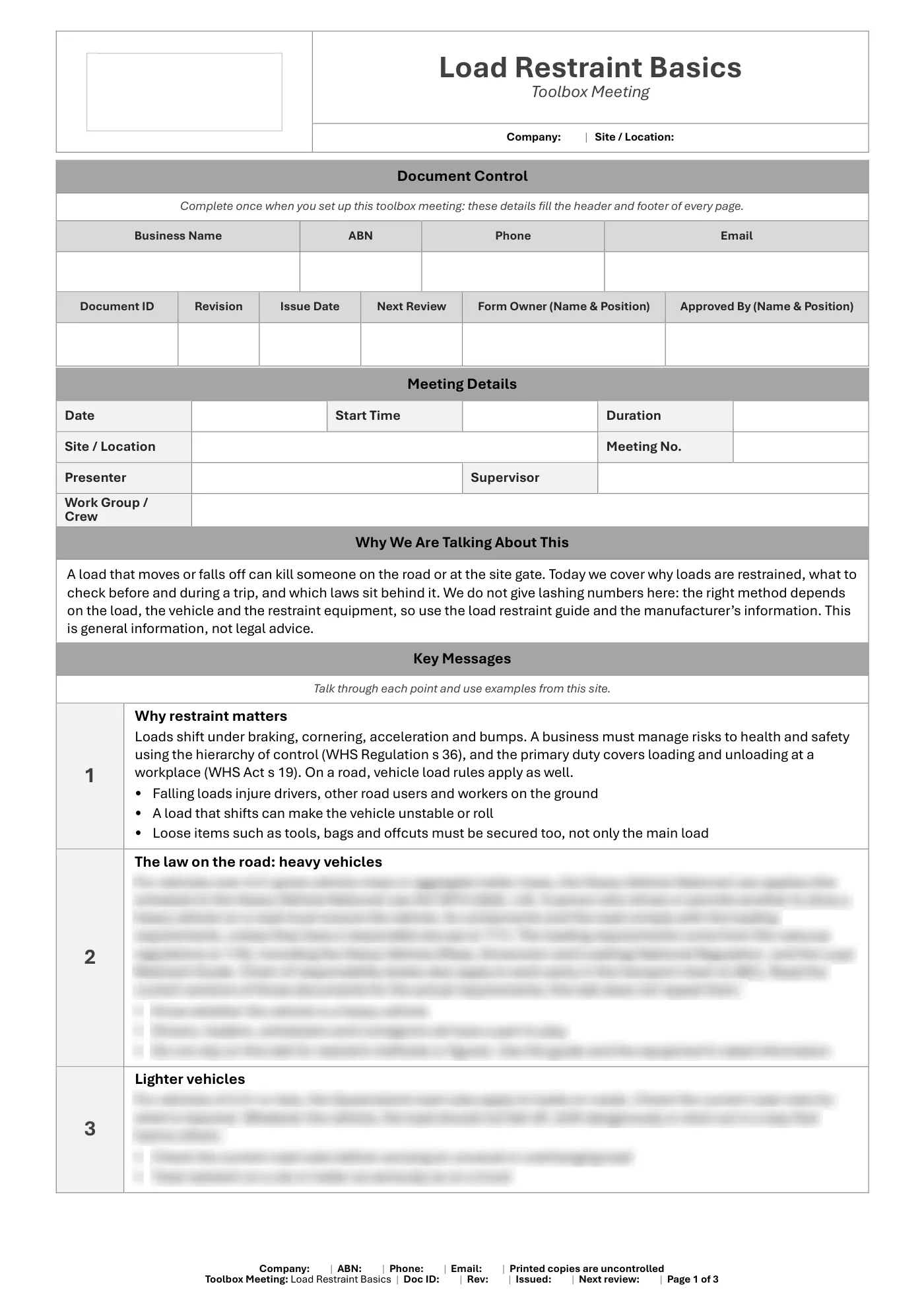 Load Restraint Basics Toolbox Meeting Template: sample page 1