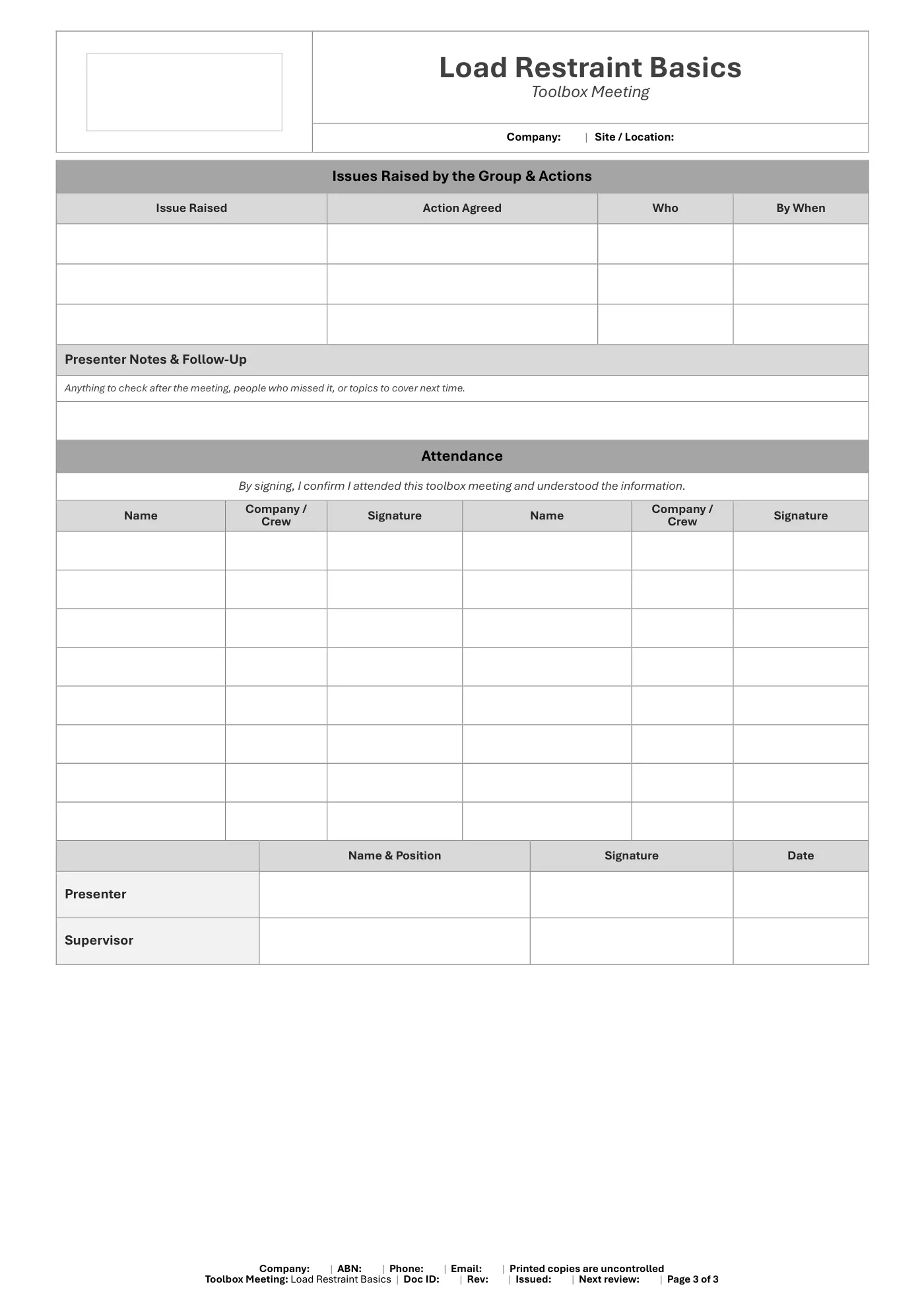 Load Restraint Basics Toolbox Meeting Template: sample page 3