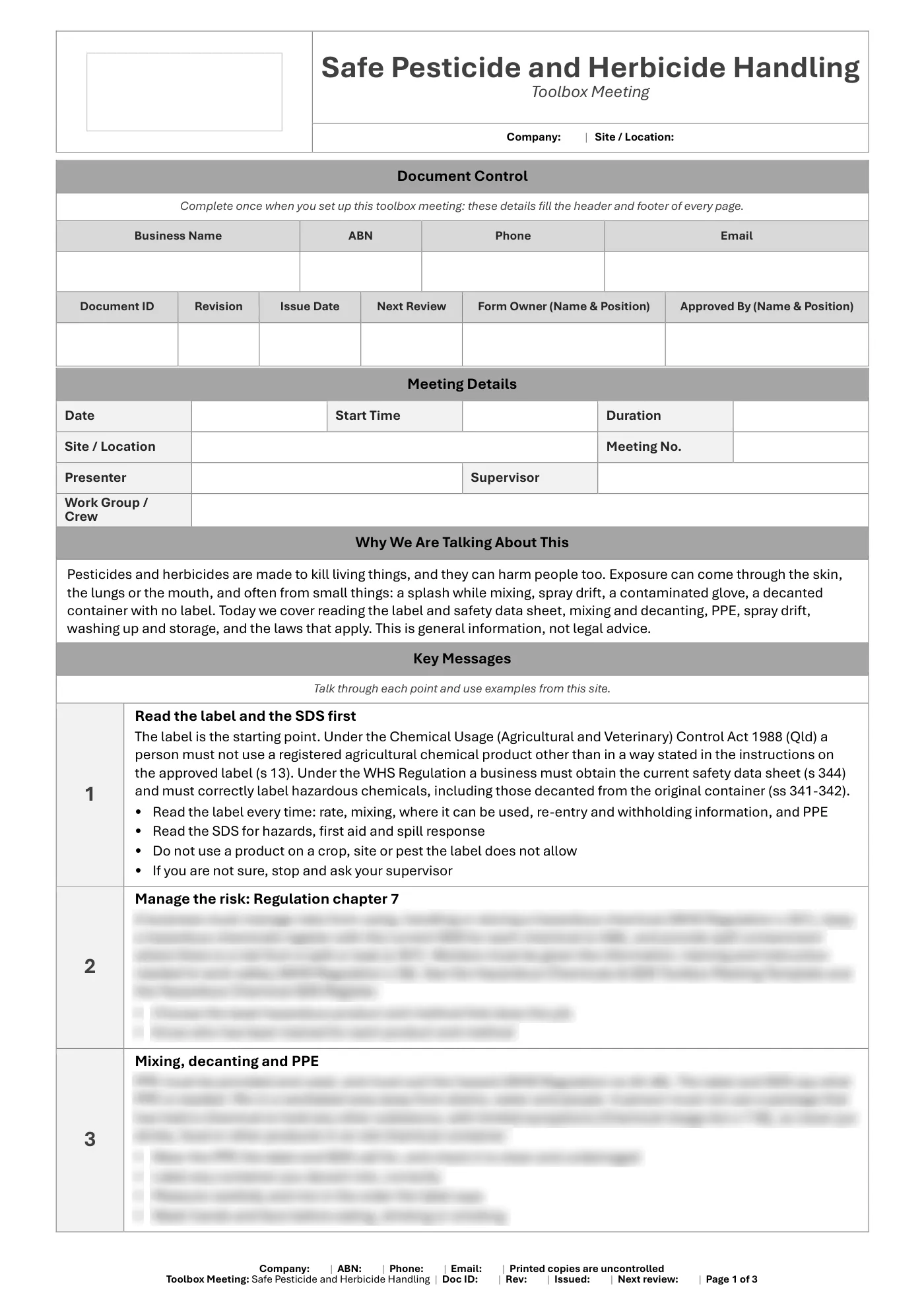 Safe Pesticide and Herbicide Handling Toolbox Meeting Template: sample page 1