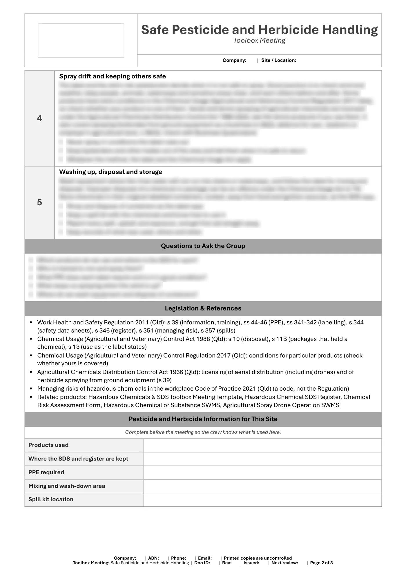 Safe Pesticide and Herbicide Handling Toolbox Meeting Template: sample page 2
