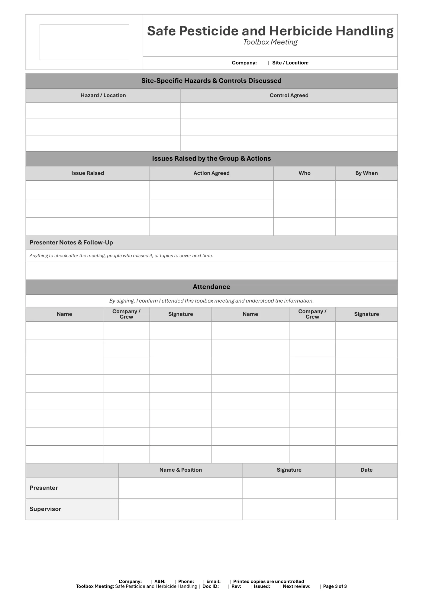 Safe Pesticide and Herbicide Handling Toolbox Meeting Template: sample page 3