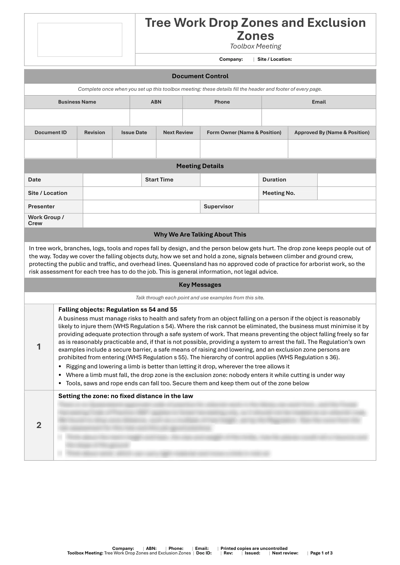 Tree Work Drop Zones and Exclusion Zones Toolbox Meeting Template: sample page 1