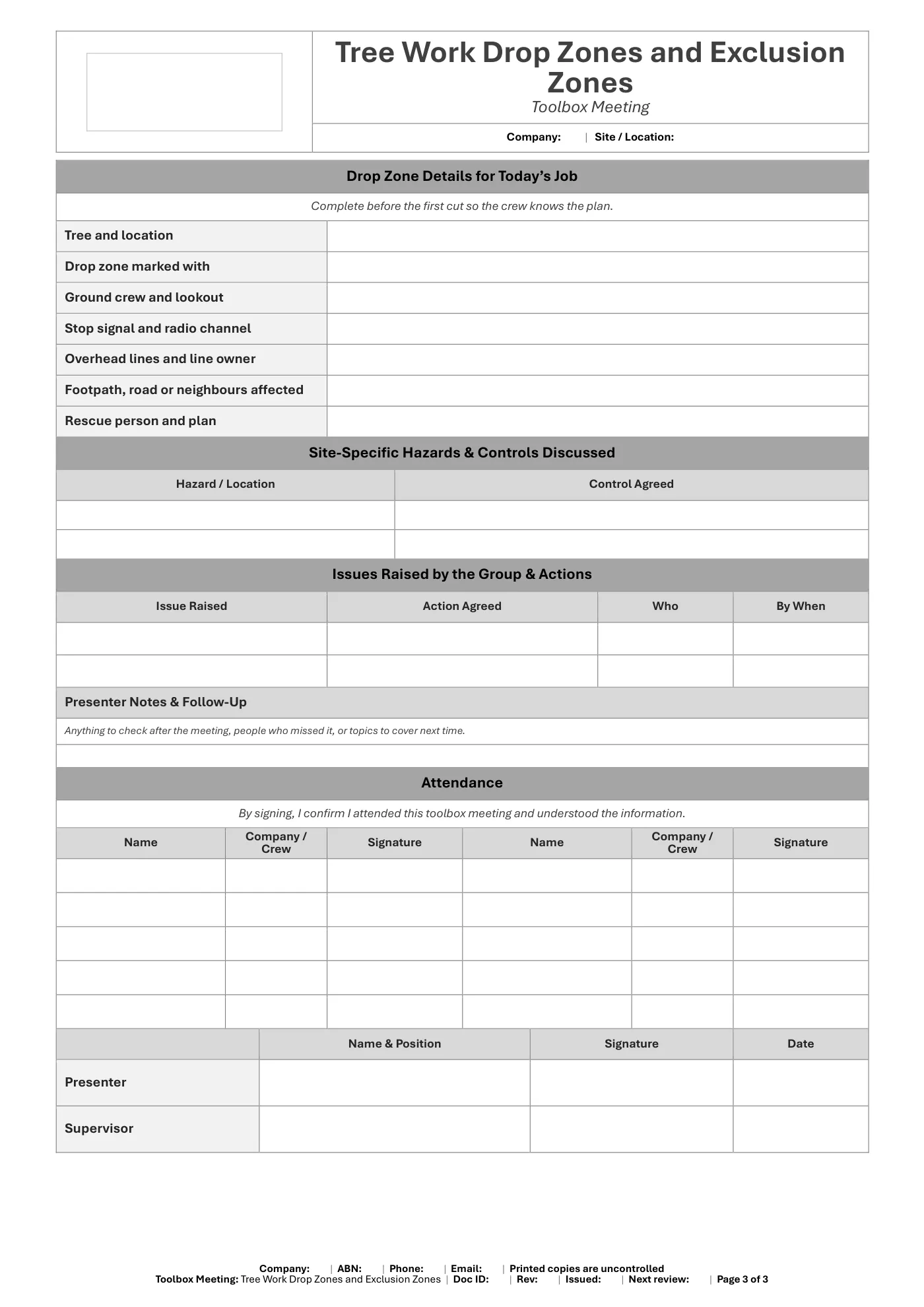 Tree Work Drop Zones and Exclusion Zones Toolbox Meeting Template: sample page 3