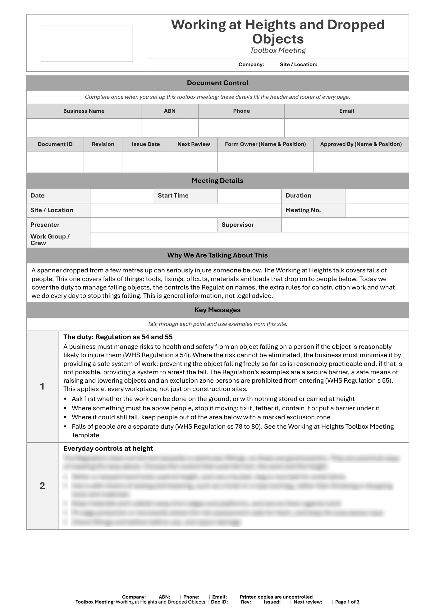 Working at Heights and Dropped Objects Toolbox Meeting Template: sample page 1