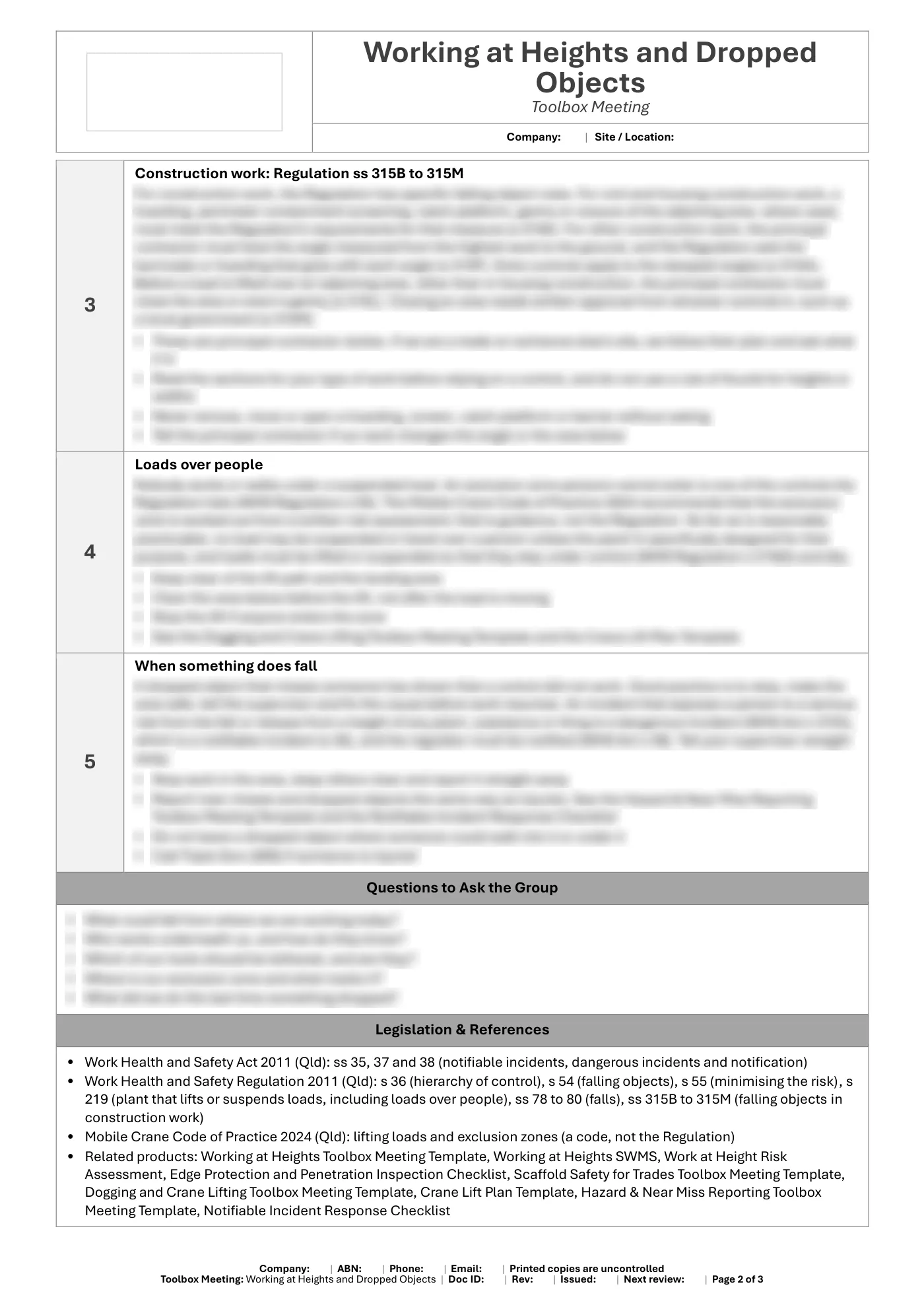 Working at Heights and Dropped Objects Toolbox Meeting Template: sample page 2