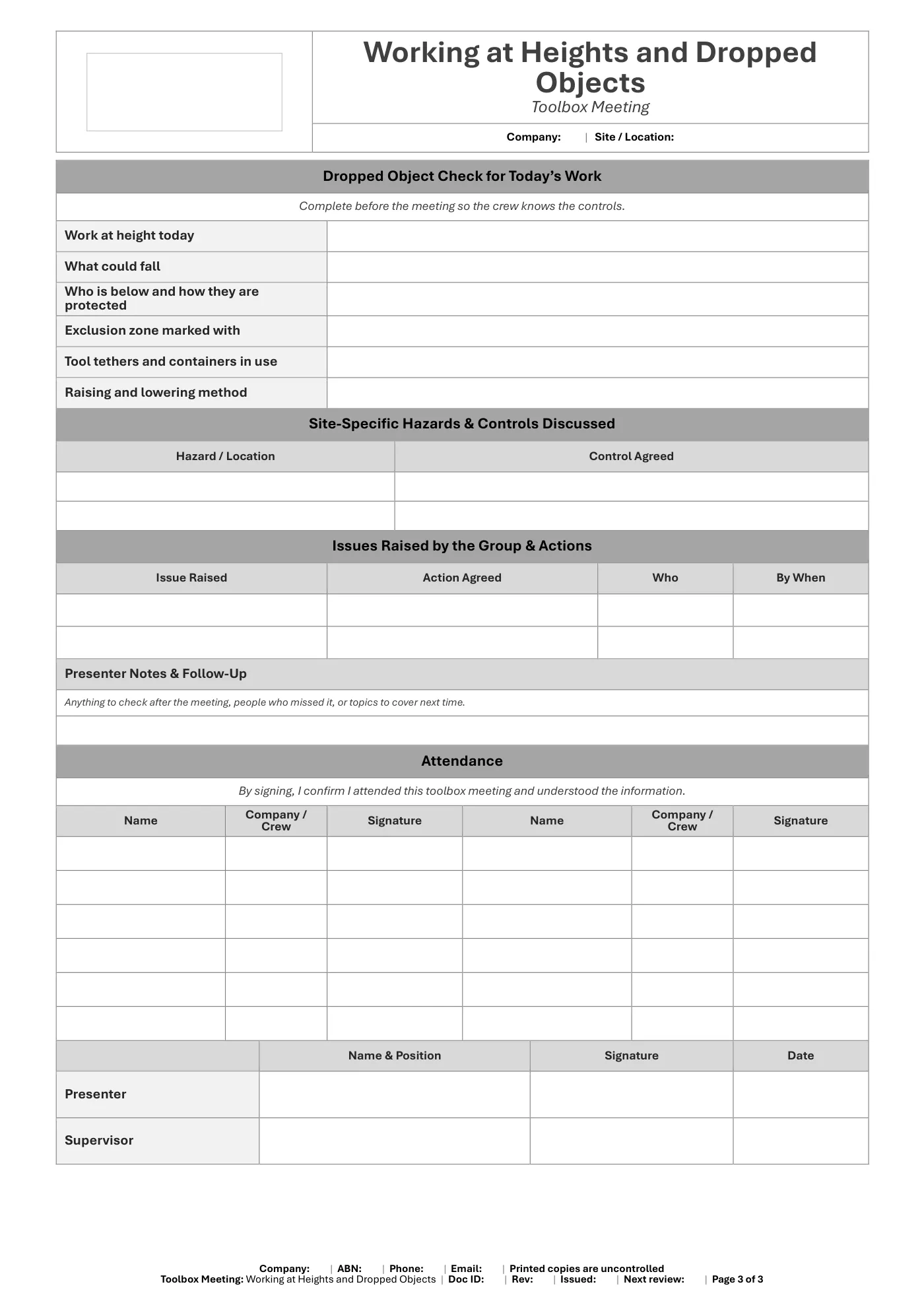 Working at Heights and Dropped Objects Toolbox Meeting Template: sample page 3