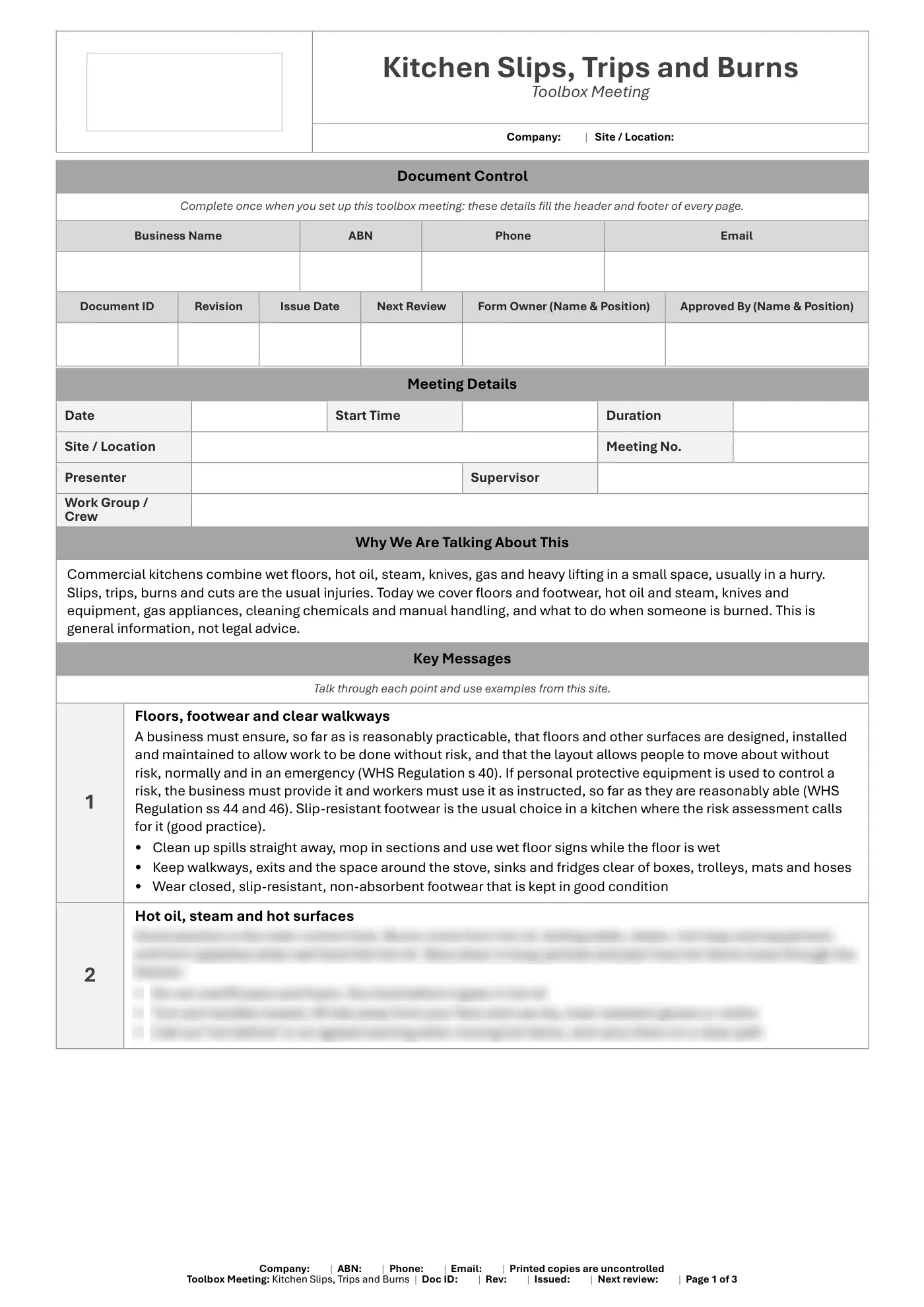 Kitchen Slips, Trips and Burns Toolbox Meeting Template: sample page 1
