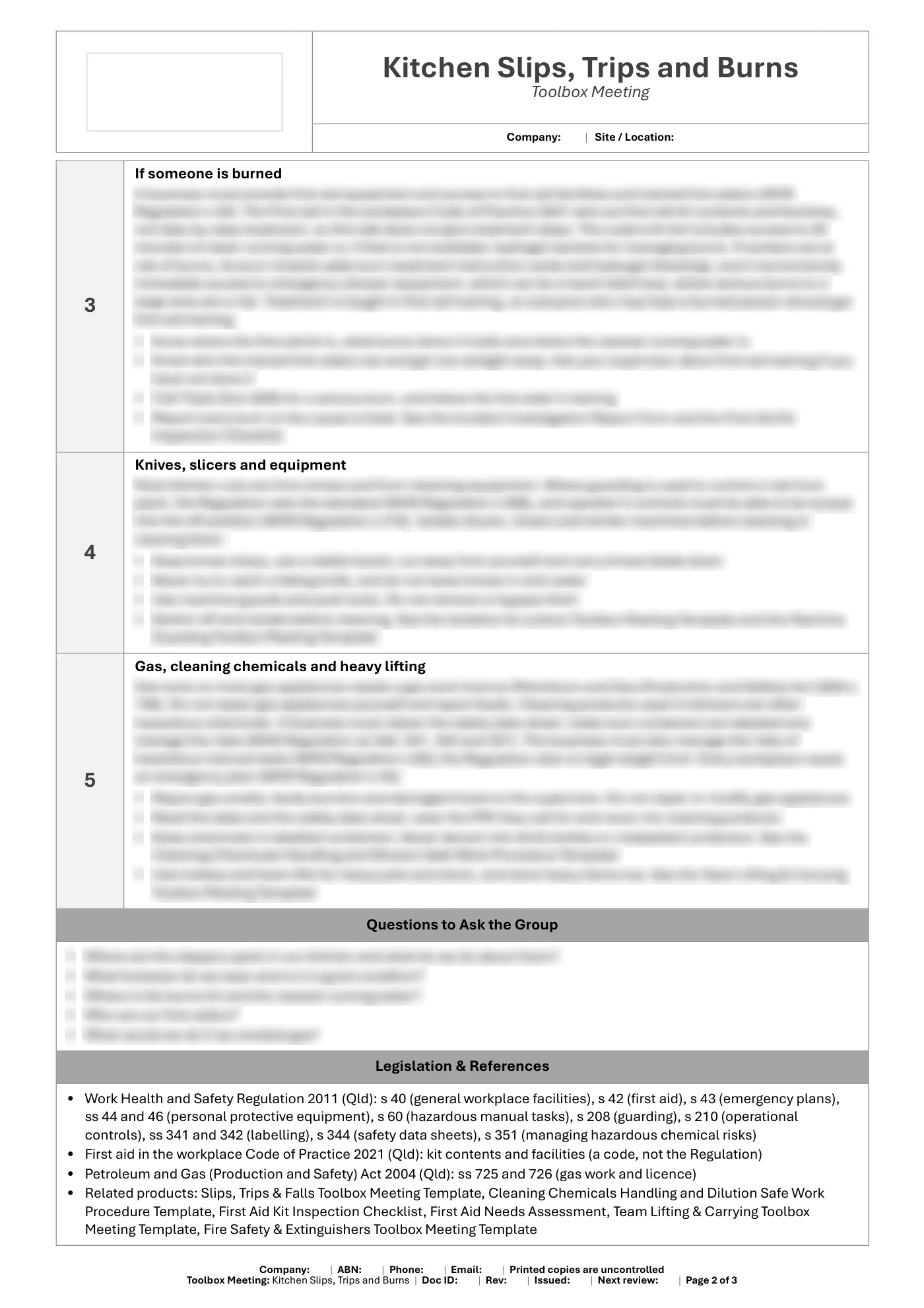 Kitchen Slips, Trips and Burns Toolbox Meeting Template: sample page 2