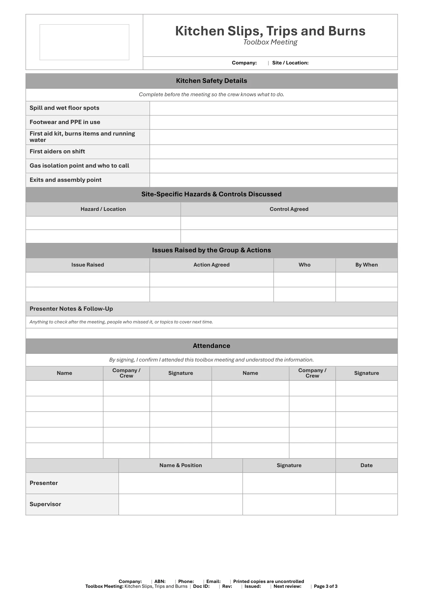 Kitchen Slips, Trips and Burns Toolbox Meeting Template: sample page 3